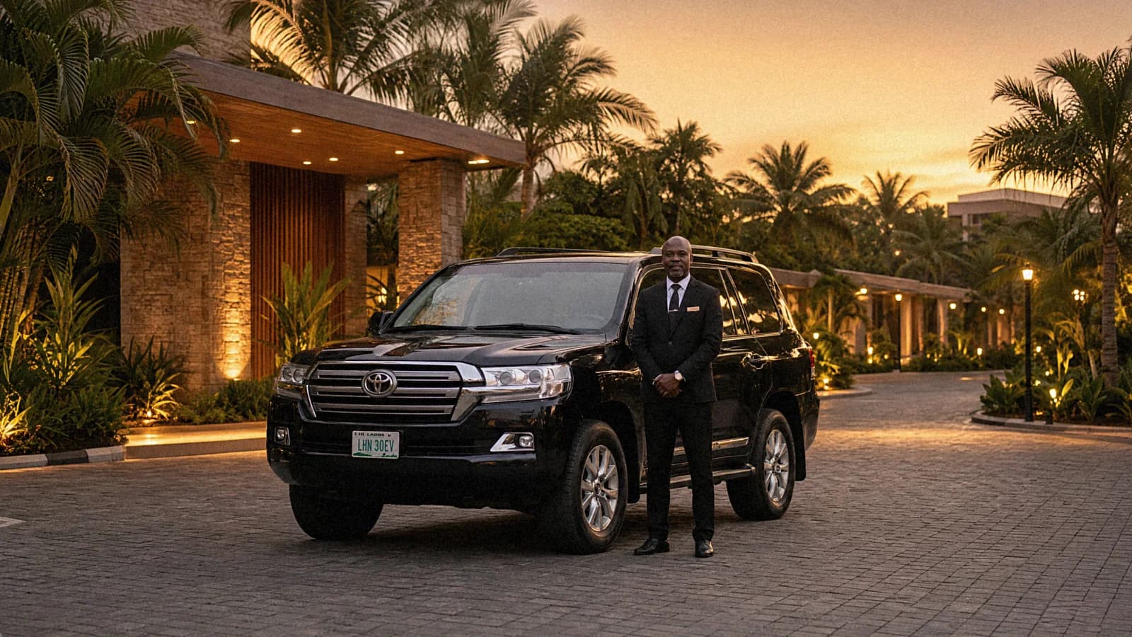 H06 chauffeur in a dark suit beside a black Land Cruiser at a Lagos hotel entrance at dusk
